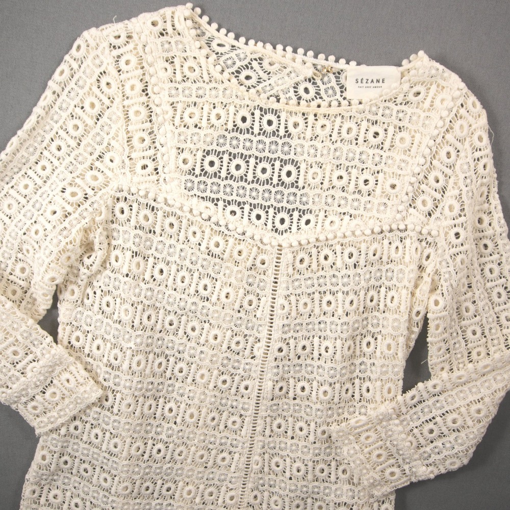 Sezane Geometric Guipure Lace Pom Pom Trim Women Blouse 36 Boho Top Coastal
